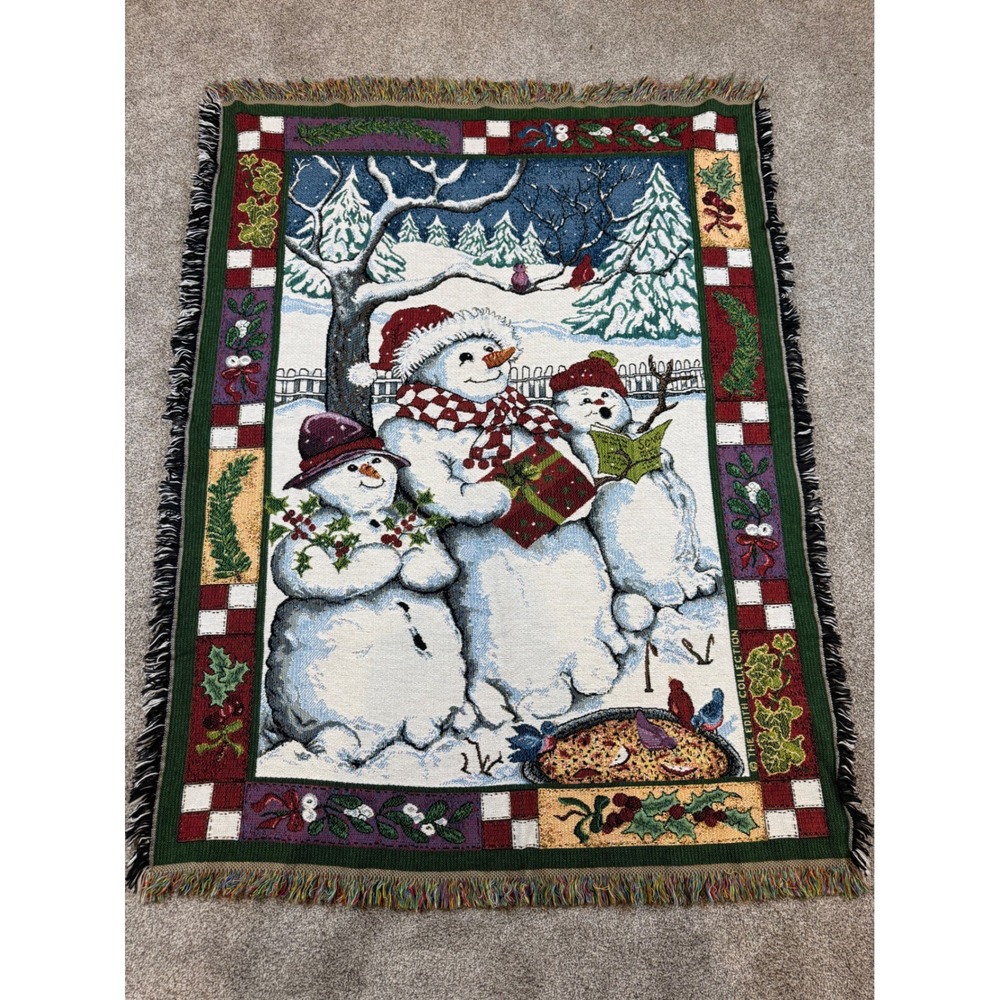 Vtg Goodwin Weavers Snowmen Caroling Woven‎ Tapestry Throw Blanket USA 60"x 46"